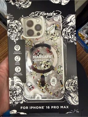 Ed Hardy Clear Tattoo-Style Skull & Cards iPhone 16Pro Max Case - White